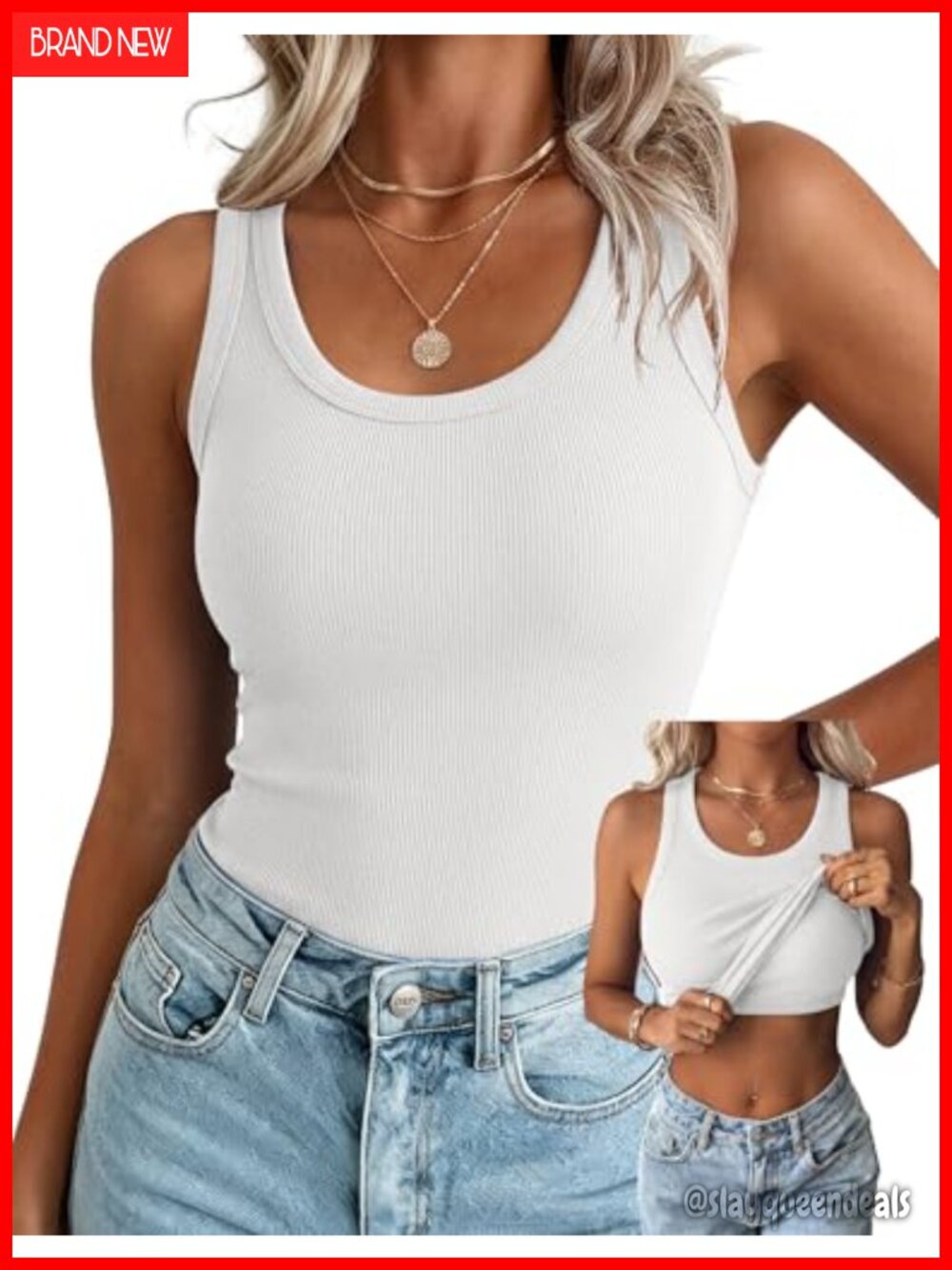 Ribbed Sleeveless Tank Top with Built in Bra Racerback High Neck Slim Fit